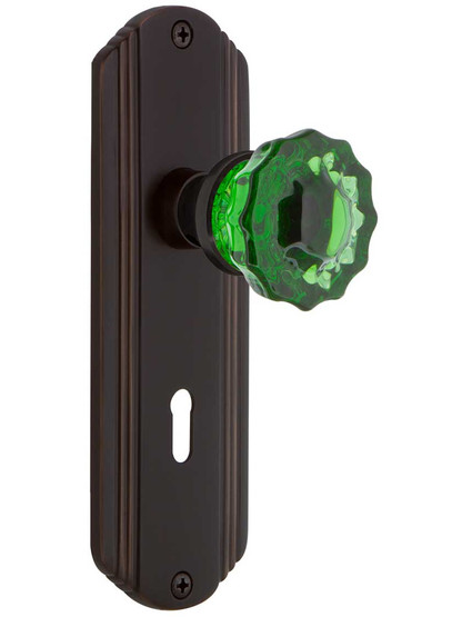 Streamline Deco Mortise Lock Set with Colored Fluted Crystal Glass Knobs Emerald in Timeless Bronze.